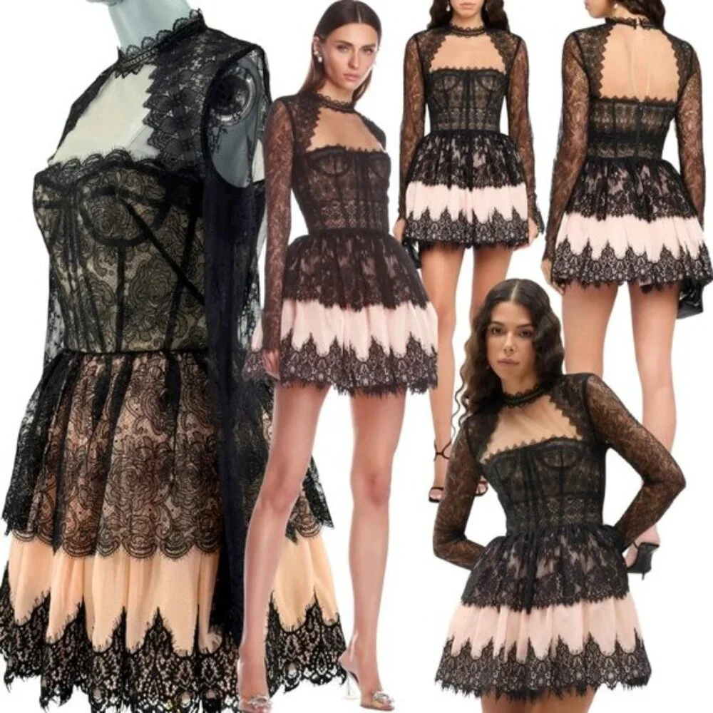🆕 BRONX & BANCO 🧿 NWOT Daphne Illusion Lace Long Sleeve Mini Dress, Sz M US 6 - Picture 1 of 13
